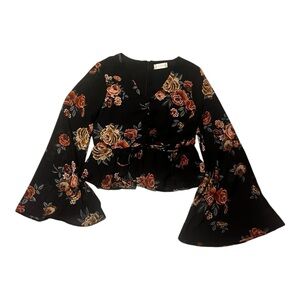 Altar’s State black, floral bell‎ sleeve peplum top- size small